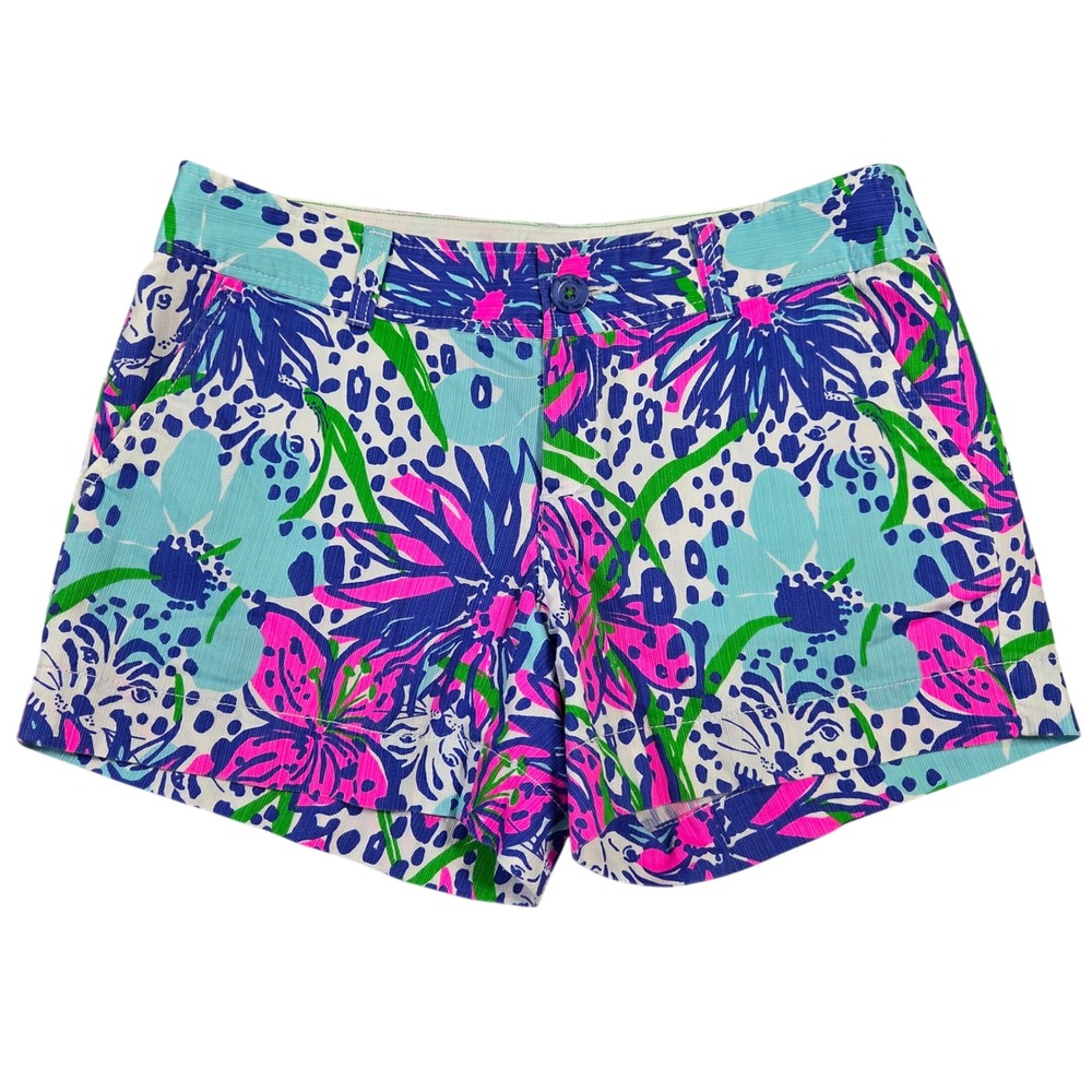 Lilly Pulitzer Callahan Shorts Womens 6 Pink Blue Floral Leopard Cotton Boho